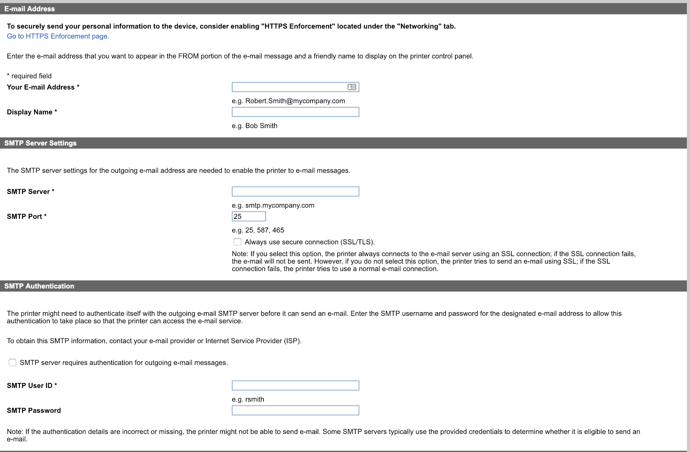 MFP Email Config Scree